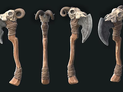 Horned Skull Axe With Wooden Handle And Wrapped Rope In Multiple Views 3d model
