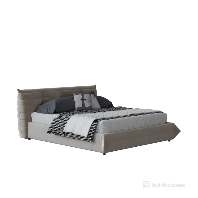 Modern Double Bed With Upholstered Headboard Plush Pillows And Patterned Bedspread 3d model