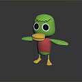 Cute 3D Green Cartoon Duck With Big Eyes Yellow Beak And Red Vest