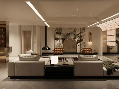Modern Living Room Interior With Beige Sofas Marble Accent Wall And Geometric Rug 3d model