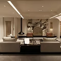 Modern Living Room Interior With Beige Sofas Marble Accent Wall And Geometric Rug