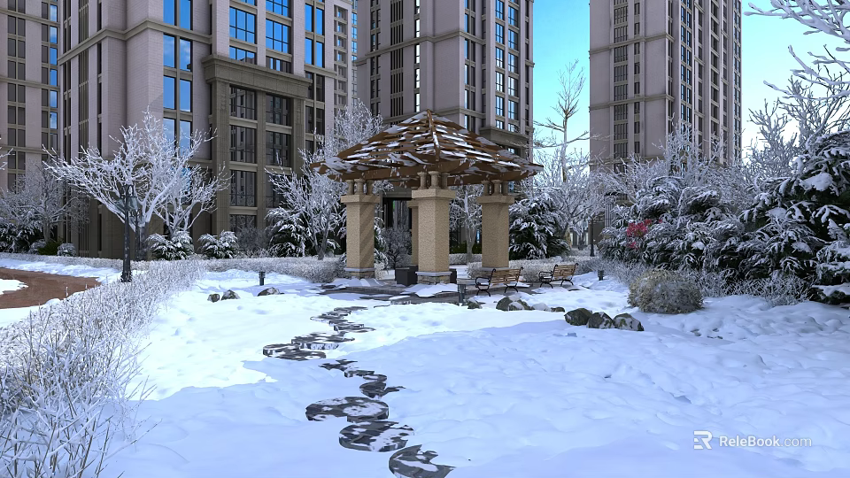 Snowy Garden Landscape With Wooden Pavilion Pathway And Snow Covered Trees Near High Rise Buildings 3d model 