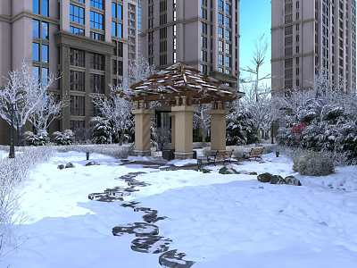 Snowy Garden Landscape With Wooden Pavilion Pathway And Snow Covered Trees Near High Rise Buildings 3d model