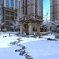 Snowy Garden Landscape With Wooden Pavilion Pathway And Snow Covered Trees Near High Rise Buildings