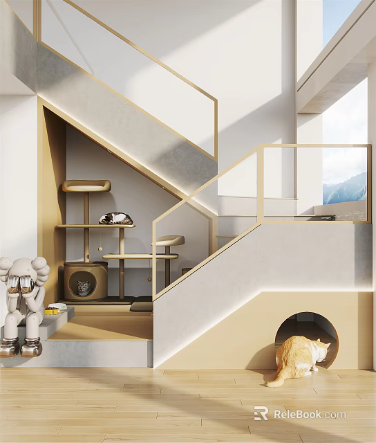 Modern Staircase Interior With Golden Railing Cat Tree And Stuffed Toy 3d model 
