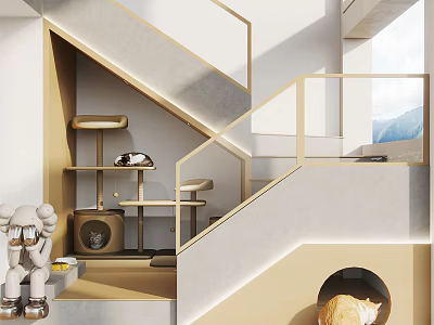 Modern Staircase Interior With Golden Railing Cat Tree And Stuffed Toy 3d model