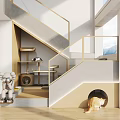 Modern Staircase Interior With Golden Railing Cat Tree And Stuffed Toy