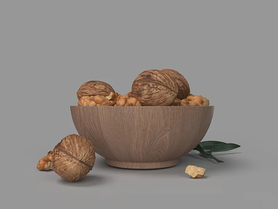 Wooden Bowl Filled With Walnuts And Chickpeas Beside Green Leaf On Gray Background 3d model