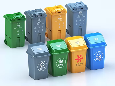 Public Facilities Colorful Waste Sorting Trash Bins In Different Colors With Recycling Symbols 3d model
