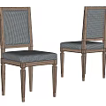 Classic Wooden Frame Dining Chairs With Blue Gray Checkered Upholstered Backrest And Seat