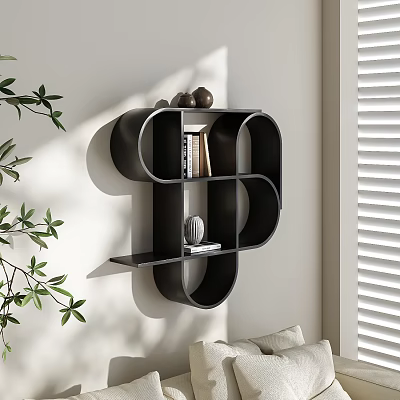 Modern Black Wall Cabinet With Decorative Books And Green Plant In Living Room 3d model