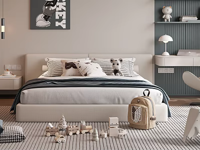 Cozy Kids Bed With Playful Pillows Stuffed Toys Backpack And Wall Art 3d model