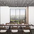 Modern Tea Room Interior With Long Table Chairs Graffiti Whiteboard And Cityscape Paintings