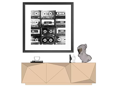 Vintage Cassette Tape Artwork On Wall Above Geometric Cabinet With Dog Figurine 3d model