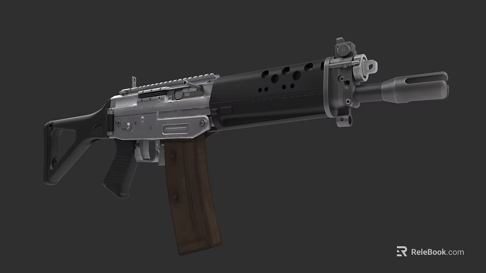 Modern Tactical Assault Rifle with Wooden Stock and Perforated Barrel 3d model 