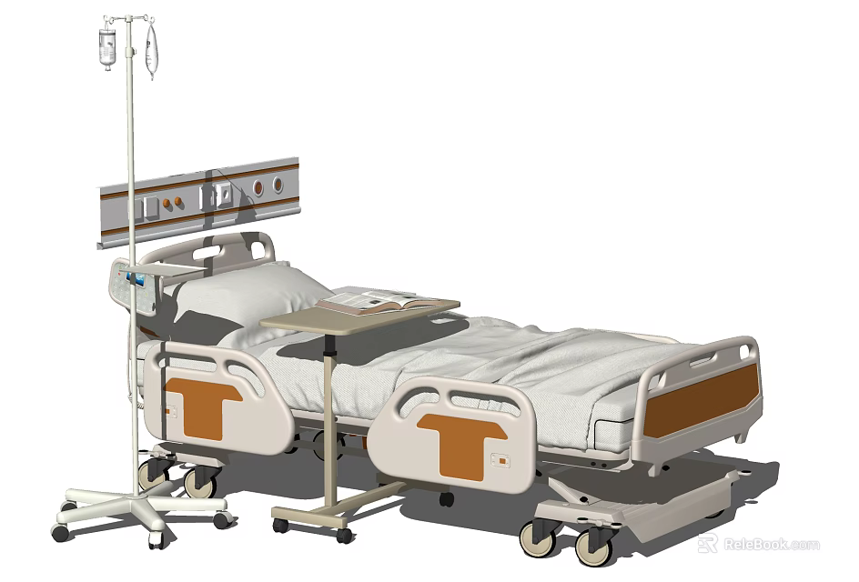 Adjustable Medical Bed With IV Pole Control Panel Headboard Wheels And Side Rails 3d model 
