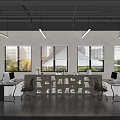 Modern Office Interior With Workstations Computers Large Windows Bookshelves And Lighting