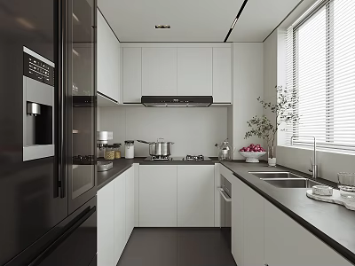 Modern Kitchen Interior Design With White Cabinets Black Appliances Countertop And Window Blinds 3d model