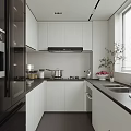 Modern Kitchen Interior Design With White Cabinets Black Appliances Countertop And Window Blinds