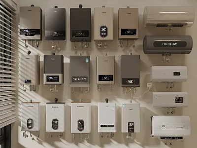 Various Wall Mounted Water Heaters Display With Different Models And Brands 3d model