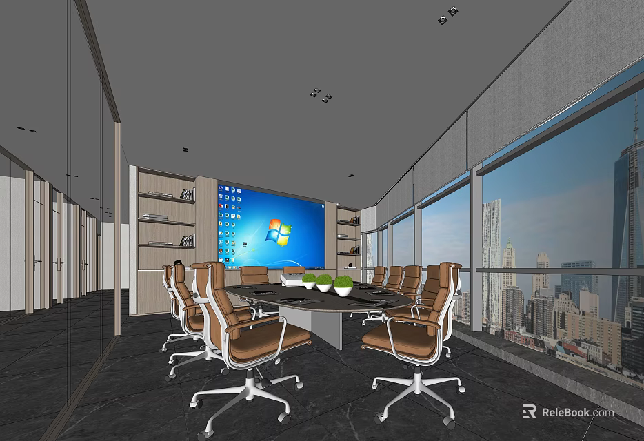 Modern Conference Room Featuring Large Screen City Skyline Windows Meeting Table Office Chairs 3d model 