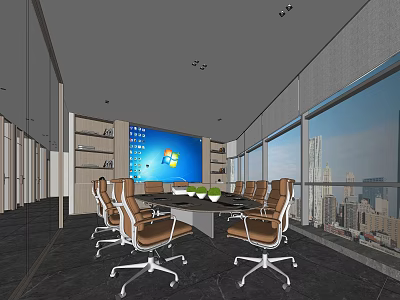 Modern Conference Room Featuring Large Screen City Skyline Windows Meeting Table Office Chairs 3d model