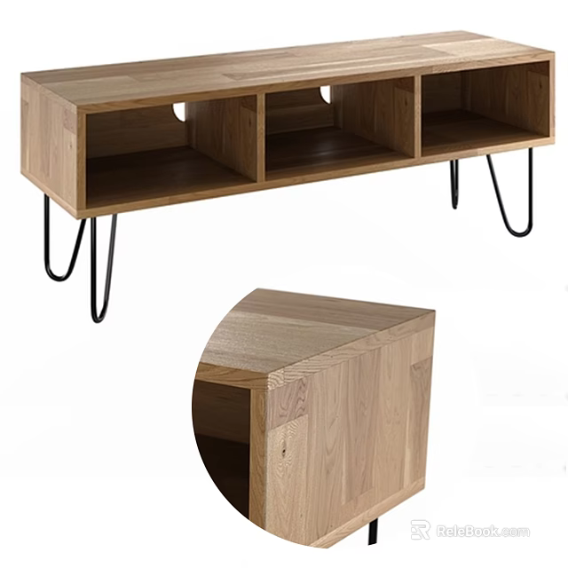 Modern Wooden TV Stand With Open Storage Shelves And Metal Support Legs 3d model 