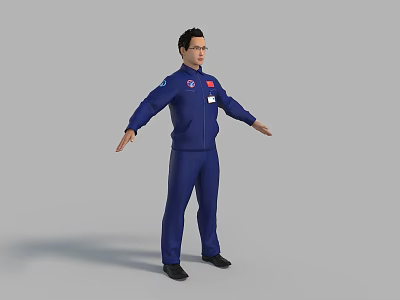 Man in Blue Jumpsuit with Badges Standing Arms Outstretched Full Body 3d model
