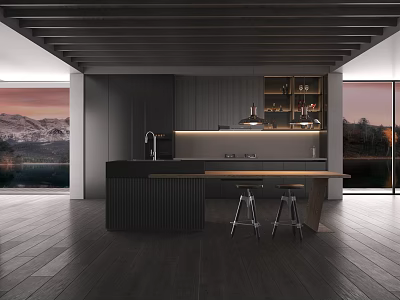 Modern Kitchen Interior With Dark Cabinets Island Bar Stools And Mountain View Windows 3d model
