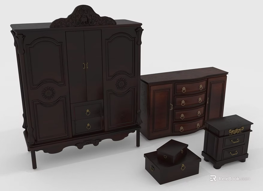 Classic Dark Wood Hallway Cabinet And Side Cabinet With Carved Details Drawers Doors 3d model 