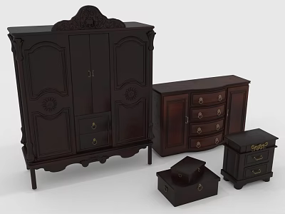 Classic Dark Wood Hallway Cabinet And Side Cabinet With Carved Details Drawers Doors 3d model