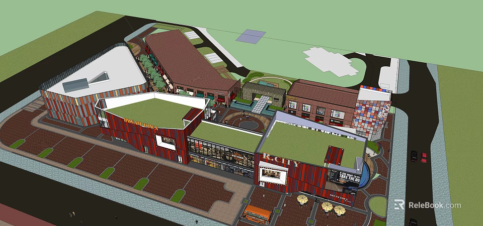 Modern Commercial Street With Green Roofs Retail Shops And Outdoor Seating Areas 3d model 
