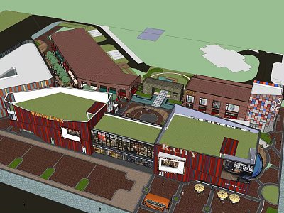 Modern Commercial Street With Green Roofs Retail Shops And Outdoor Seating Areas 3d model