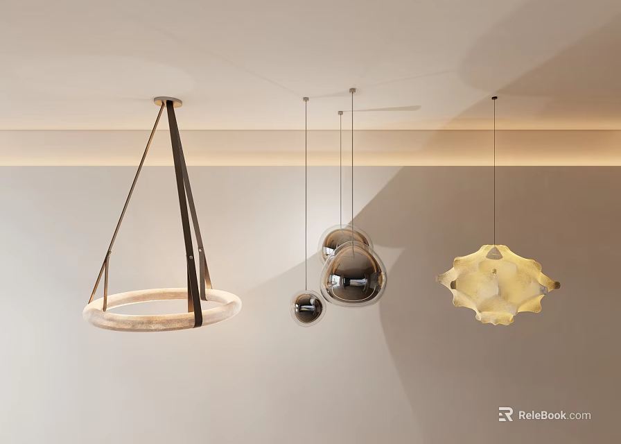 Modern Pendant Lights with Circular Wooden Ring Spherical Metal Ivory Shell Shapes in Contemporary Interior 3d model 