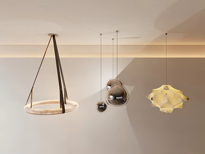 Modern Pendant Lights with Circular Wooden Ring Spherical Metal Ivory Shell Shapes in Contemporary Interior 3d model
