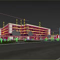 Modern School Building Exterior With Red Brick White Facade Night View Moonlight Plaza And People