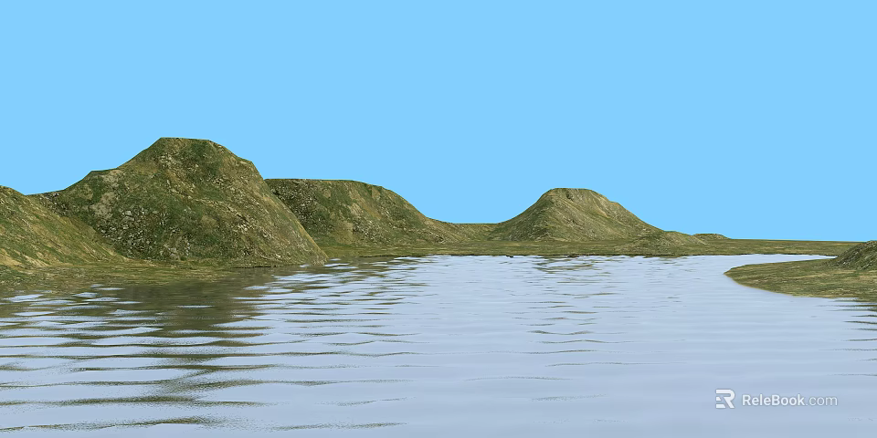 Natural Garden Landscape With Green Hills Water Surface And Blue Sky Reflections 3d model 
