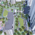 Urban Garden Landscape Design With Green Lawn Playground And Surrounding High Rise Buildings