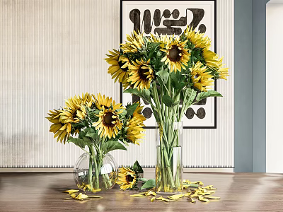 Bright Yellow Sunflowers In Glass Vases With Scattered Petals On Table And Decorative Wall 3d model