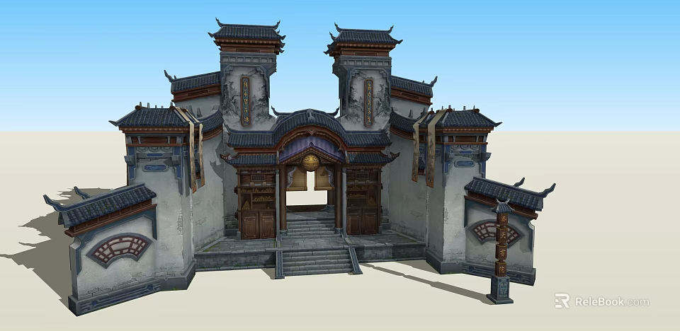 Traditional Chinese Entrance Gate with Upturned Eaves Carved Wooden Doors and Stone Steps 3d model 