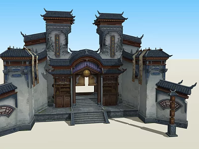 Traditional Chinese Entrance Gate with Upturned Eaves Carved Wooden Doors and Stone Steps 3d model