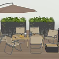 Outdoor Table And Chair Set With Umbrella Green Plants And Coffee Sign On Wooden Floor
