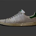 White Worn Classic Sneakers With Green Accents And Lace Up Design