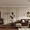 Retro Style Living And Dining Room With Brown Leather Sofa And Classic Art Wall Decor