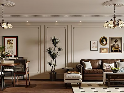 Retro Style Living And Dining Room With Brown Leather Sofa And Classic Art Wall Decor 3d model
