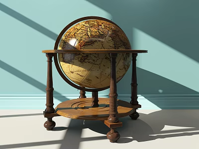 Vintage Decorative Ornament Set With Globe On Wooden Stand And Blue Wall 3d model
