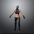Woman With White Hair Wearing Mask Purple Top Black Gloves Blue Jeans And Black Boots