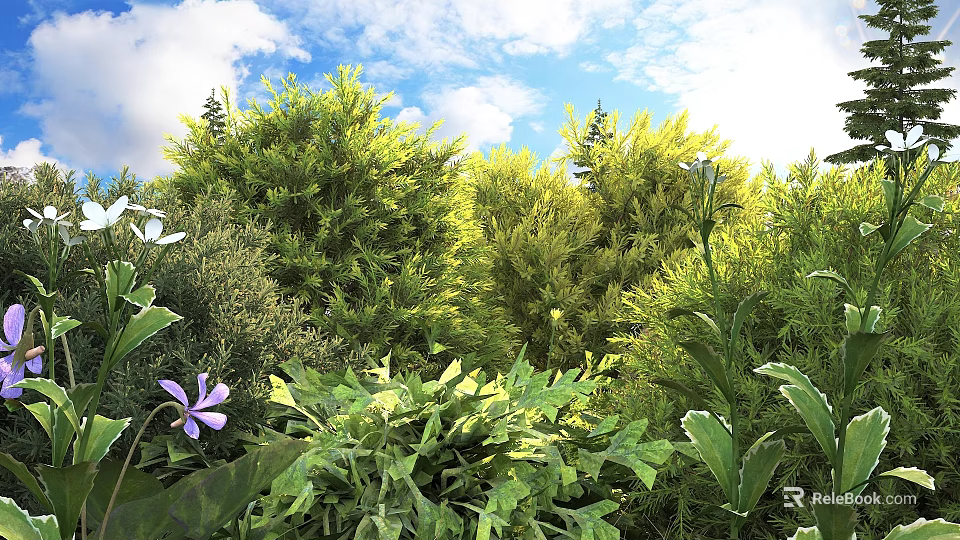 Lush Green Shrubs in Sunlit Garden with Colorful Flowers and Leafy Foliage 3d model 