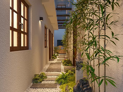 Serene Elevator Corridor With Lush Bamboo Stone Path Pebbles Wooden Windows And Wall Lights 3d model