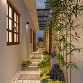 Serene Elevator Corridor With Lush Bamboo Stone Path Pebbles Wooden Windows And Wall Lights